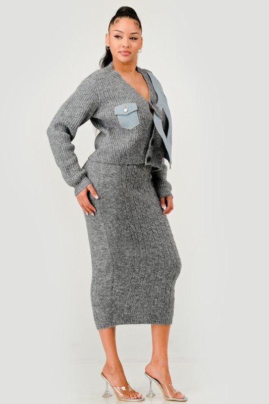 Denim Patchwork Knit Two - Piece Skirt Set - HOUSE OF SHE