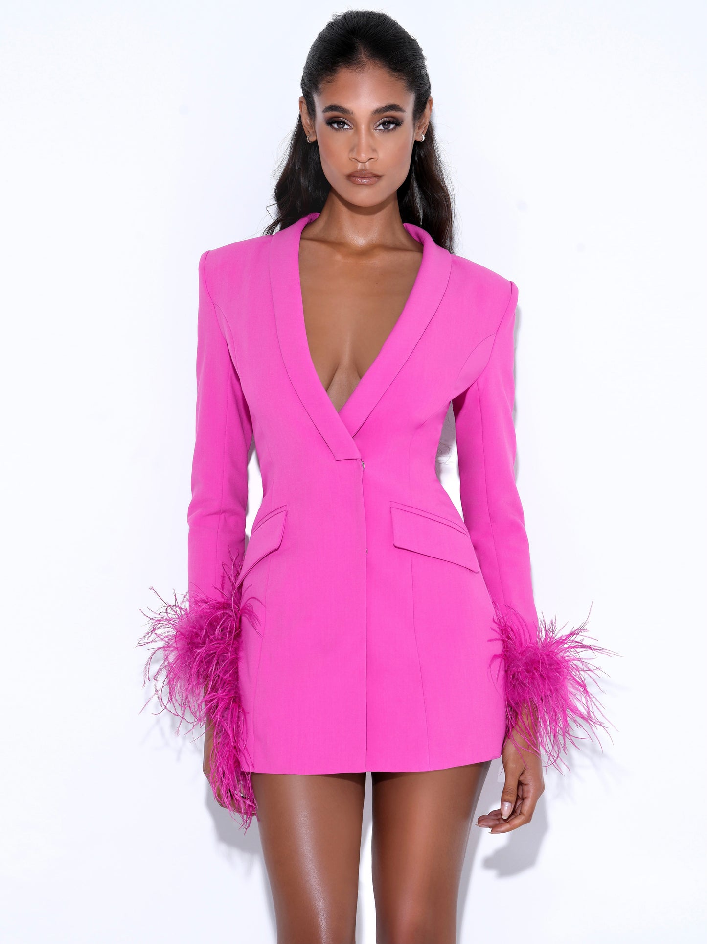 Madeline Fuchsia Feather Trim Blazer Dress  HOUSE OF SHE