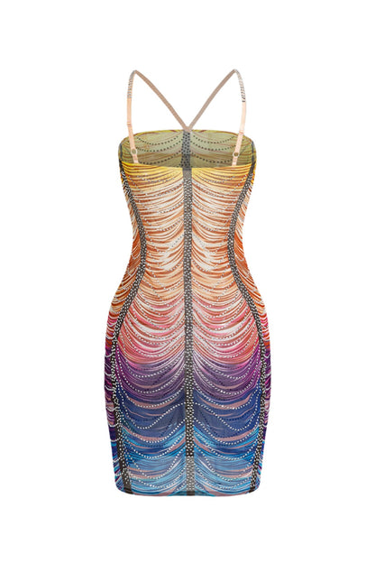 Rainbow Striped Rhinestone Bodycon Mini Dress