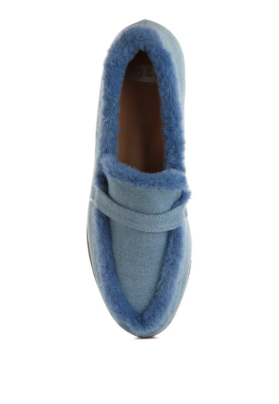 Nivena Fur Detail Denim Loafers  HOUSE OF SHE