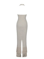 Faelyn Off - White Double Fringe Crochet Halter Maxi Dress - HOUSE OF SHE