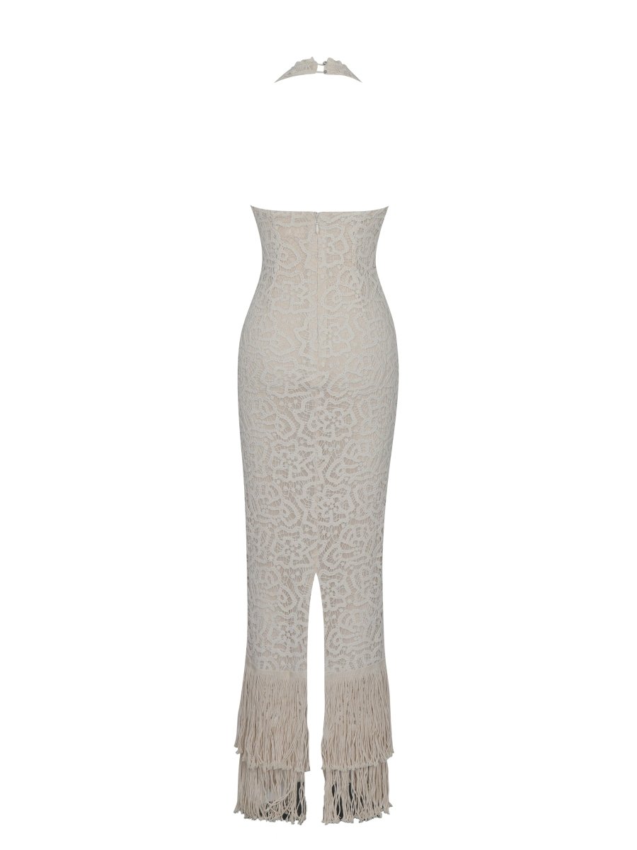 Faelyn Off - White Double Fringe Crochet Halter Maxi Dress - HOUSE OF SHE