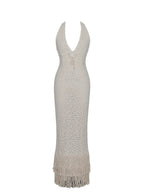 Faelyn Off - White Double Fringe Crochet Halter Maxi Dress - HOUSE OF SHE