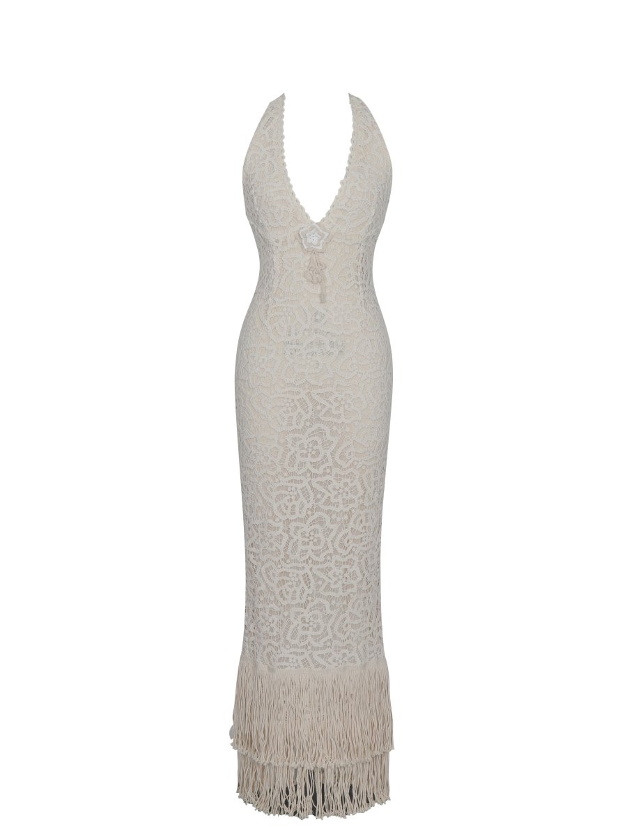 Faelyn Off - White Double Fringe Crochet Halter Maxi Dress - HOUSE OF SHE