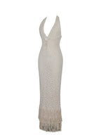 Faelyn Off - White Double Fringe Crochet Halter Maxi Dress - HOUSE OF SHE