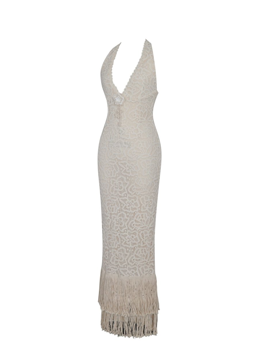 Faelyn Off - White Double Fringe Crochet Halter Maxi Dress - HOUSE OF SHE