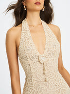 Faelyn Off - White Double Fringe Crochet Halter Maxi Dress - HOUSE OF SHE