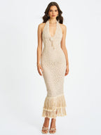 Faelyn Off - White Double Fringe Crochet Halter Maxi Dress - HOUSE OF SHE