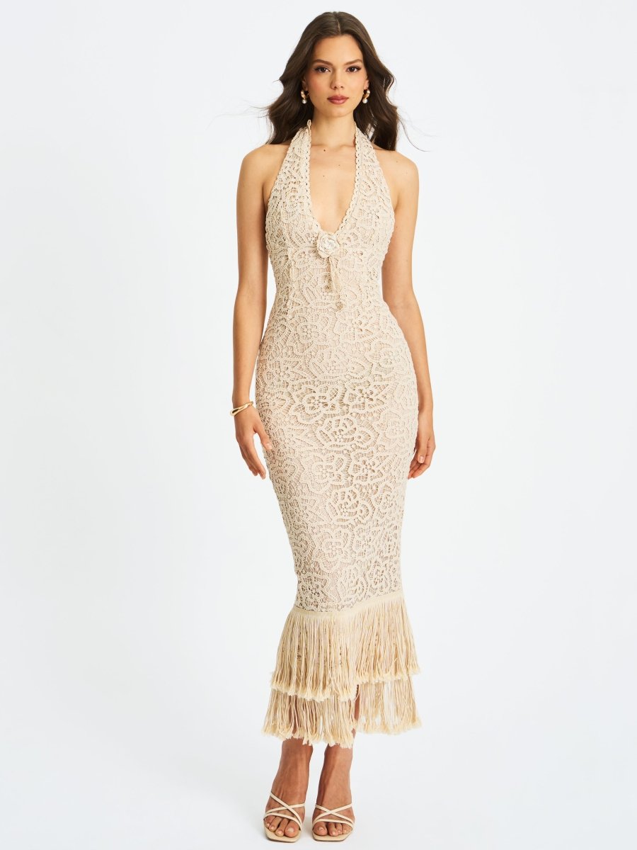Faelyn Off - White Double Fringe Crochet Halter Maxi Dress - HOUSE OF SHE