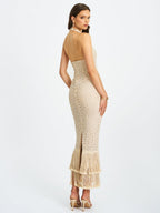 Faelyn Off - White Double Fringe Crochet Halter Maxi Dress - HOUSE OF SHE