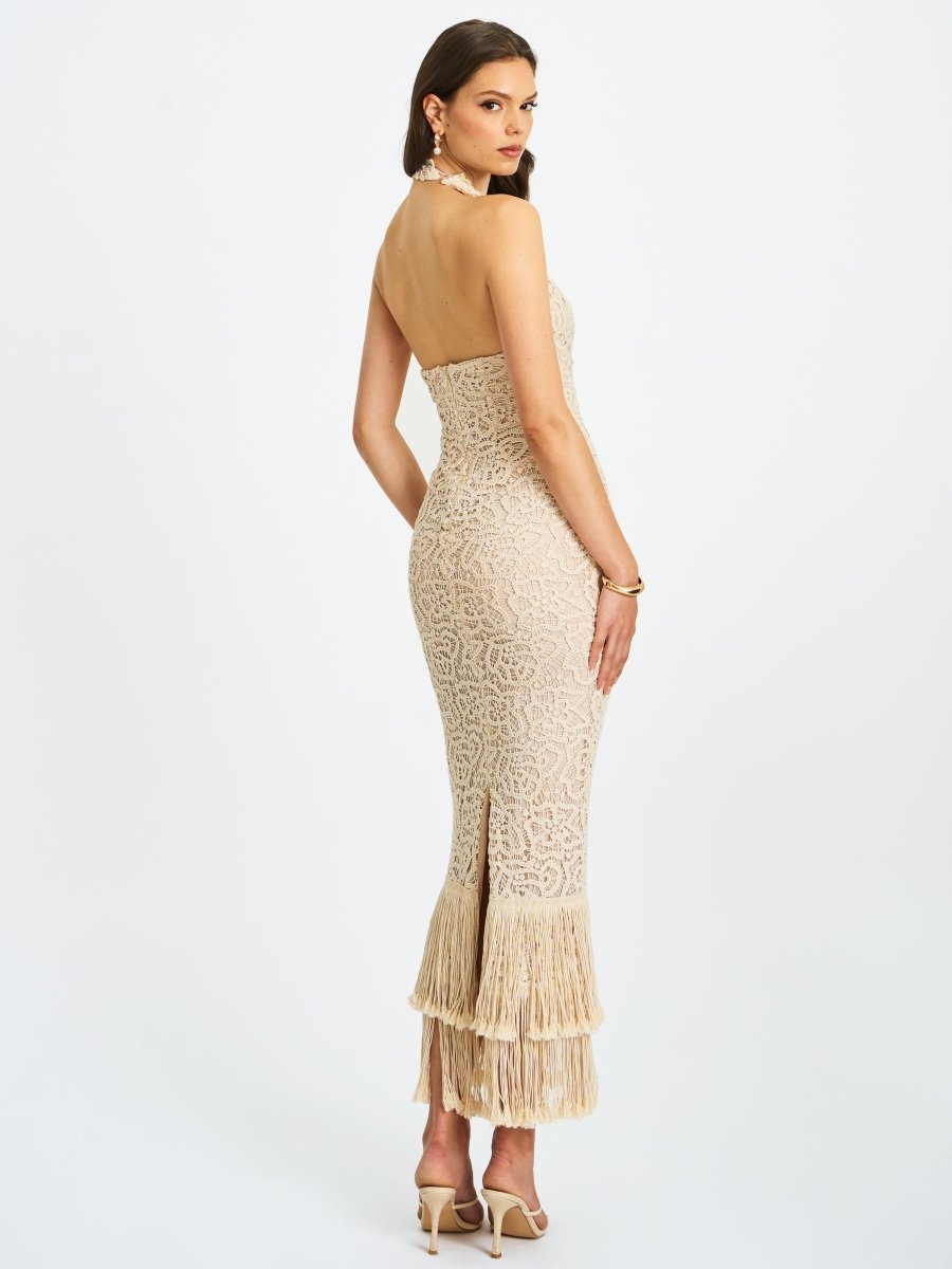 Faelyn Off - White Double Fringe Crochet Halter Maxi Dress - HOUSE OF SHE