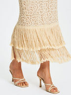 Faelyn Off - White Double Fringe Crochet Halter Maxi Dress - HOUSE OF SHE