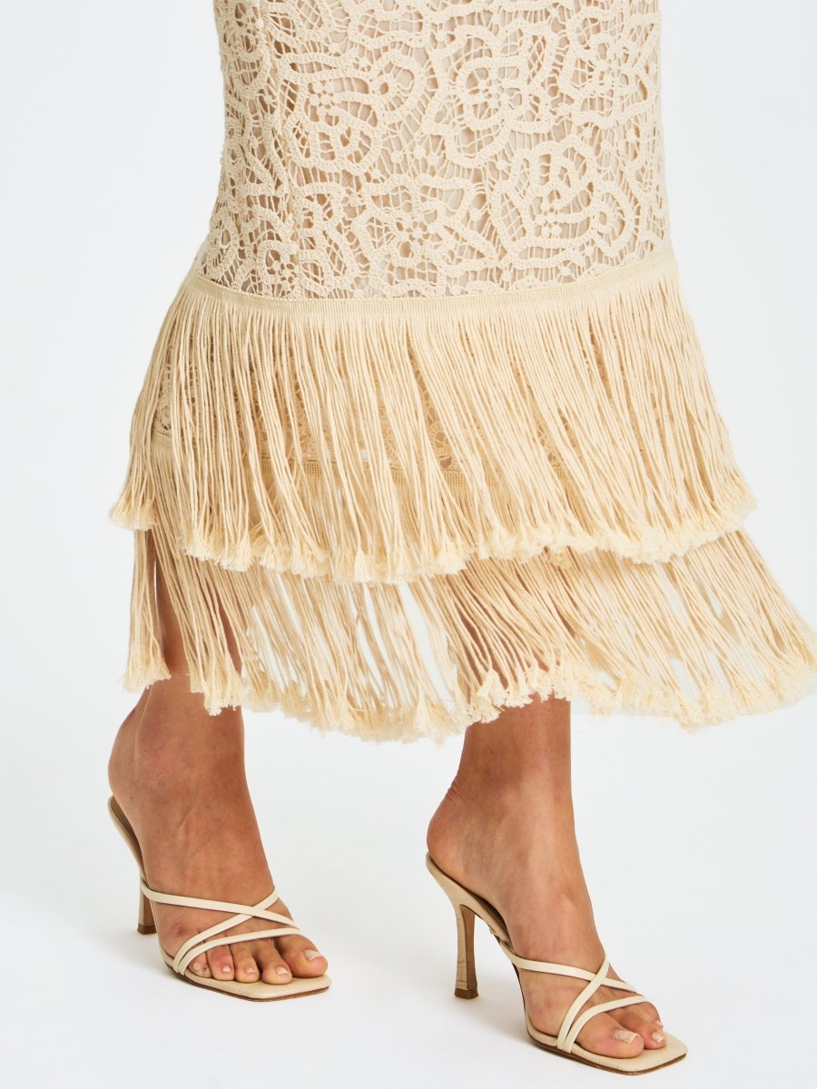 Faelyn Off - White Double Fringe Crochet Halter Maxi Dress - HOUSE OF SHE