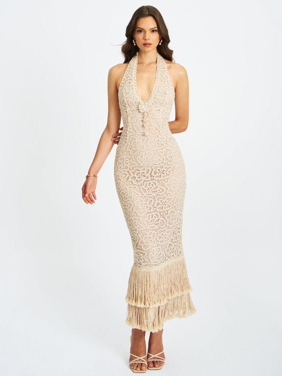 Faelyn Off - White Double Fringe Crochet Halter Maxi Dress - HOUSE OF SHE