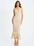 Faelyn Off - White Double Fringe Crochet Halter Maxi Dress - HOUSE OF SHE