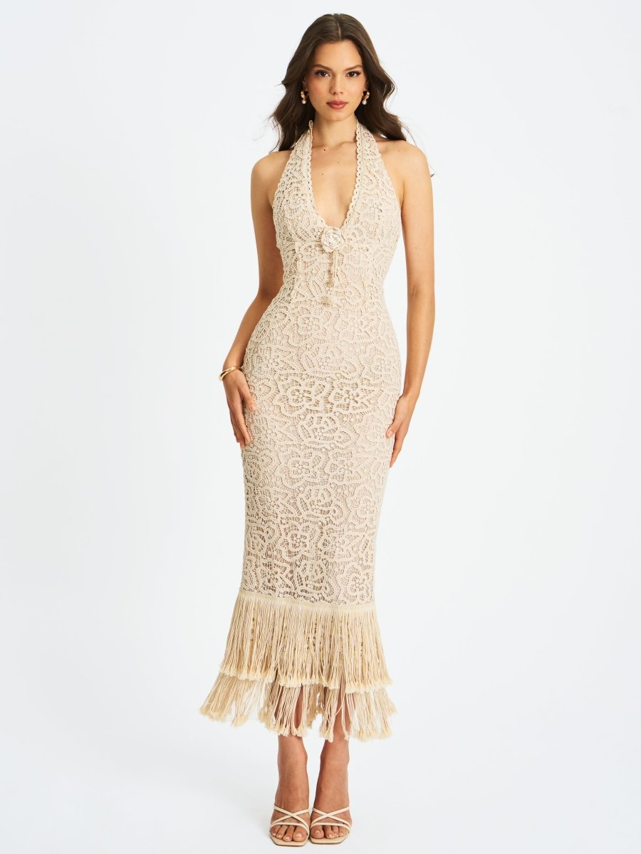 Faelyn Off - White Double Fringe Crochet Halter Maxi Dress - HOUSE OF SHE
