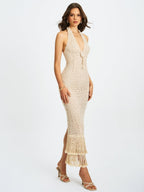 Faelyn Off - White Double Fringe Crochet Halter Maxi Dress - HOUSE OF SHE
