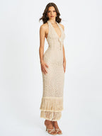 Faelyn Off - White Double Fringe Crochet Halter Maxi Dress - HOUSE OF SHE