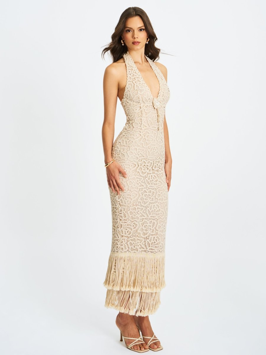 Faelyn Off - White Double Fringe Crochet Halter Maxi Dress - HOUSE OF SHE