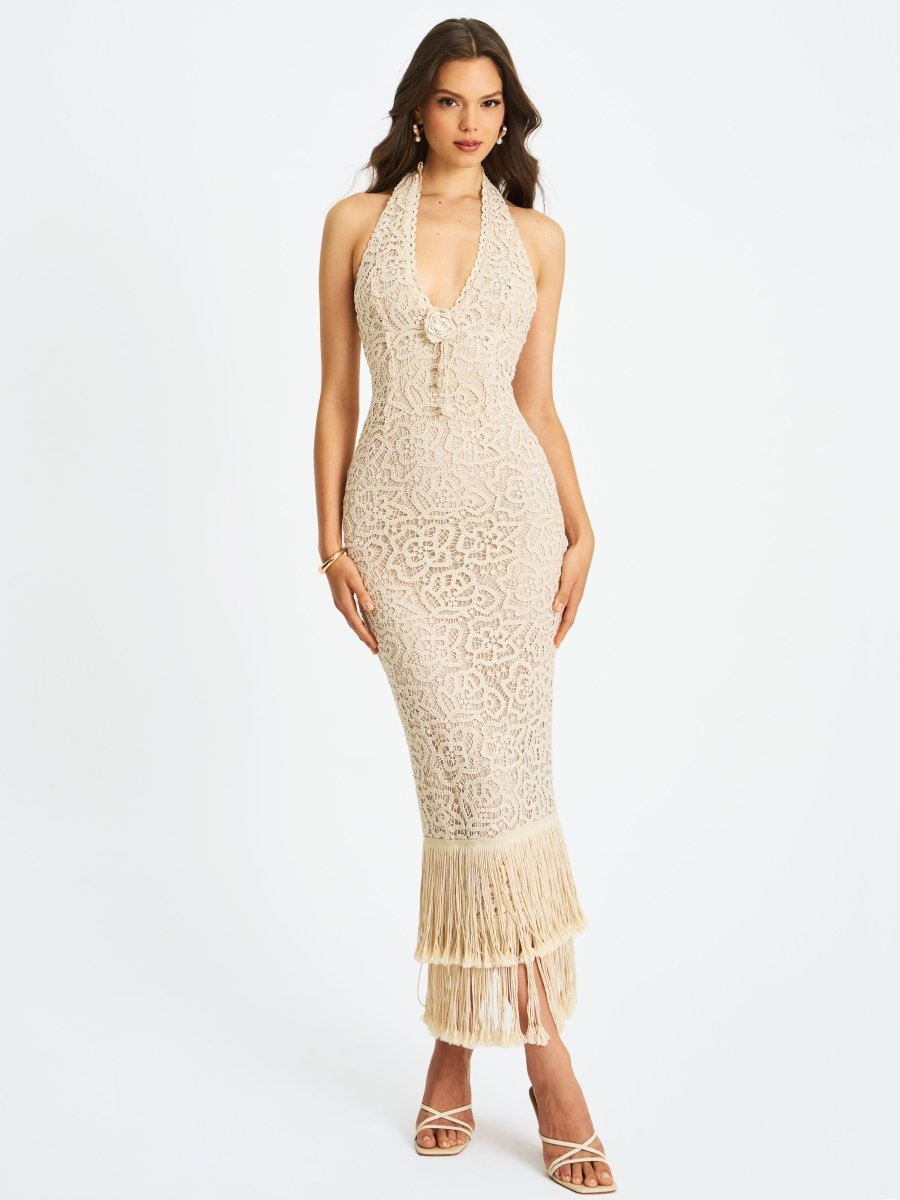 Faelyn Off - White Double Fringe Crochet Halter Maxi Dress - HOUSE OF SHE