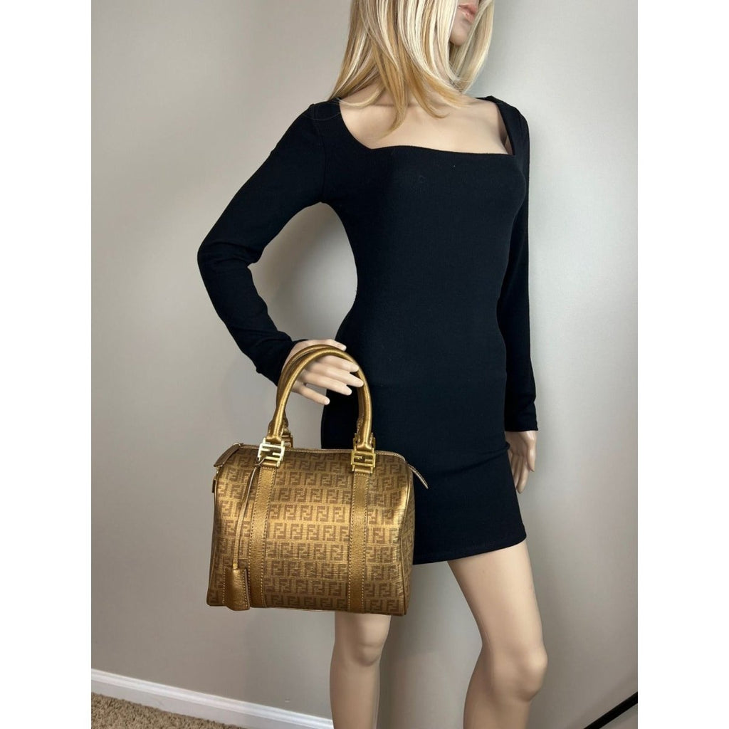 Fendi Boston Gold Coated Canvas Hand Bag - HOUSE OF SHE
