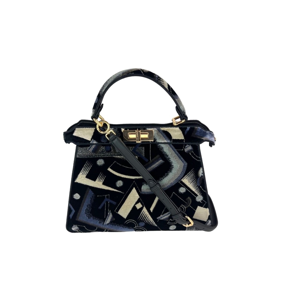 Fendi Peekaboo I see u Medium Printed Velvet Black Blue Satchel Shoulder Bag - HOUSE OF SHE