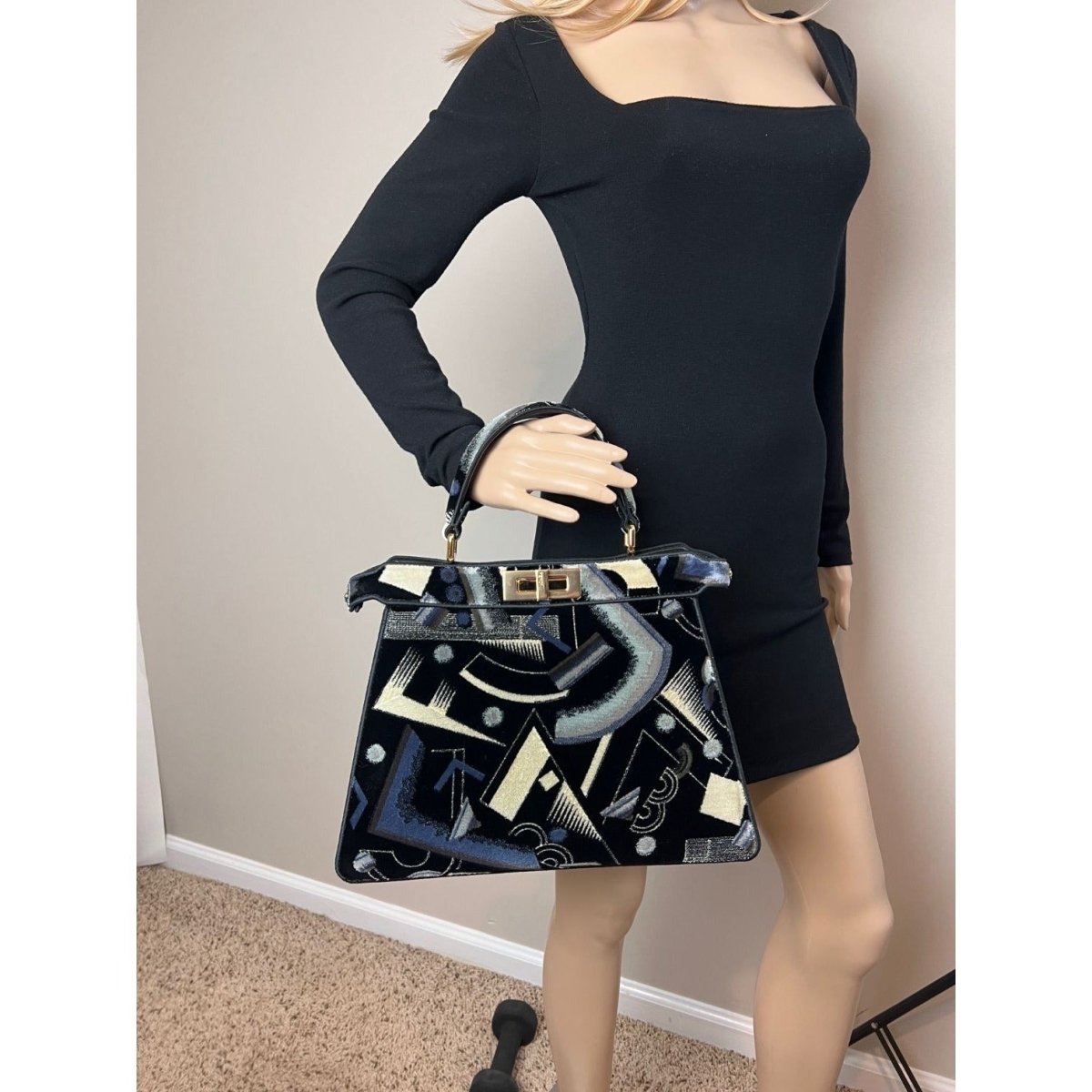 Fendi Peekaboo I see u Medium Printed Velvet Black Blue Satchel Shoulder Bag - HOUSE OF SHE