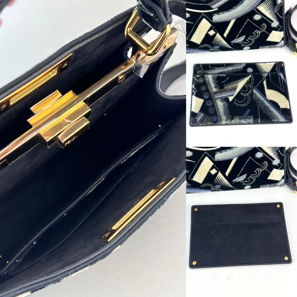 Fendi Peekaboo I see u Medium Printed Velvet Black Blue Satchel Shoulder Bag - HOUSE OF SHE