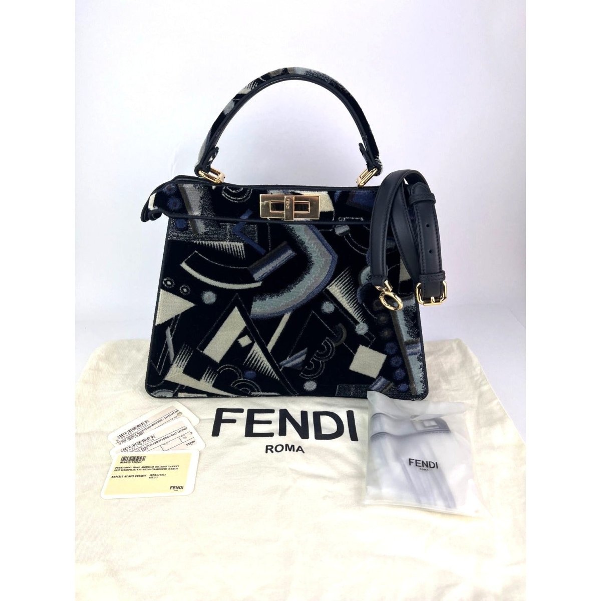 Fendi Peekaboo I see u Medium Printed Velvet Black Blue Satchel Shoulder Bag - HOUSE OF SHE