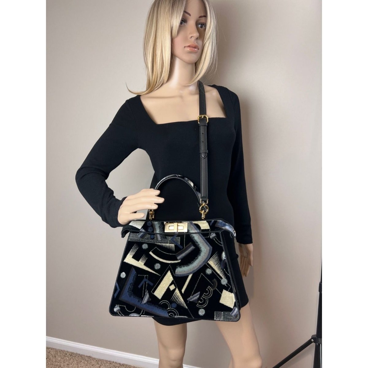 Fendi Peekaboo I see u Medium Printed Velvet Black Blue Satchel Shoulder Bag - HOUSE OF SHE