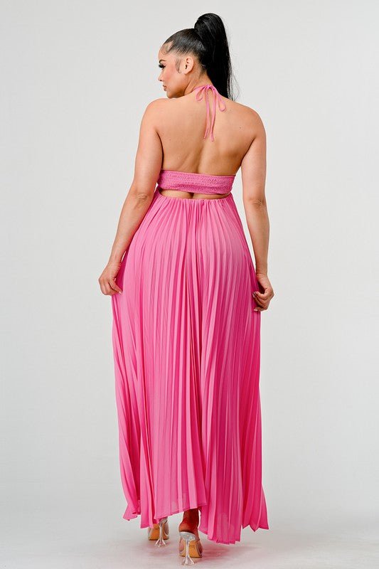 FLOWY SLEEVELESS PLEATED MAXI DRESS - HOUSE OF SHE