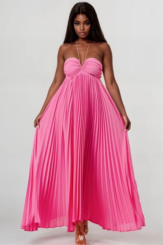 FLOWY SLEEVELESS PLEATED MAXI DRESS - HOUSE OF SHE