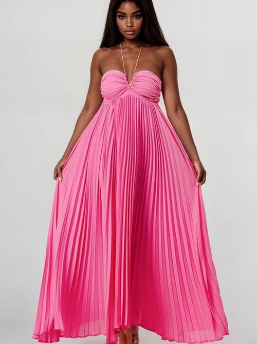 Flowy Pink Sleeveless Pleated Maxi Dress