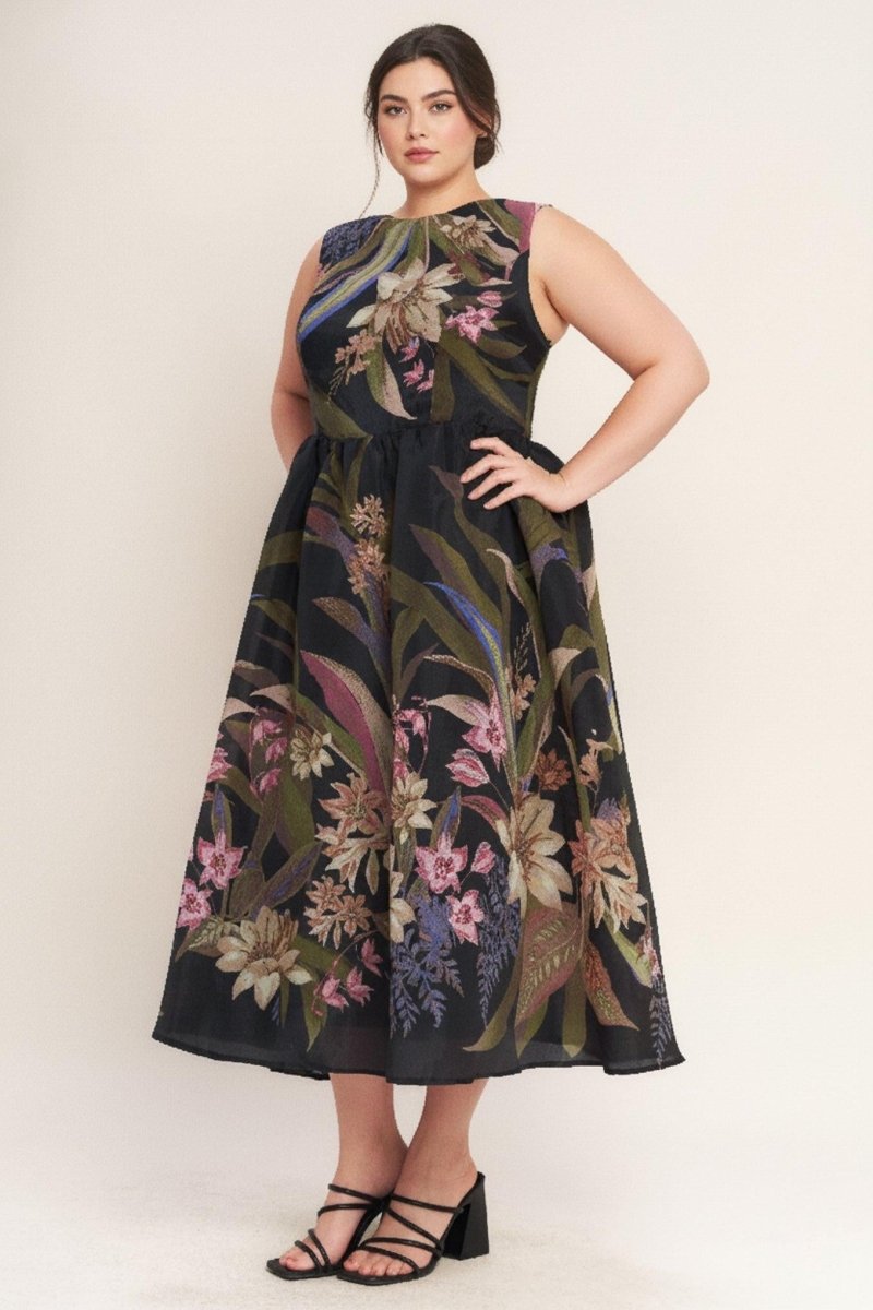 FOLIAGE WHISPER WOVEN MIDI DRESS - HOUSE OF SHE