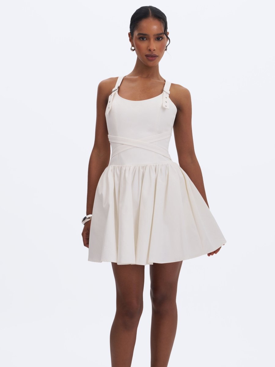 Francine White Cotton Denim Crossover Strap Mini Dress - HOUSE OF SHE