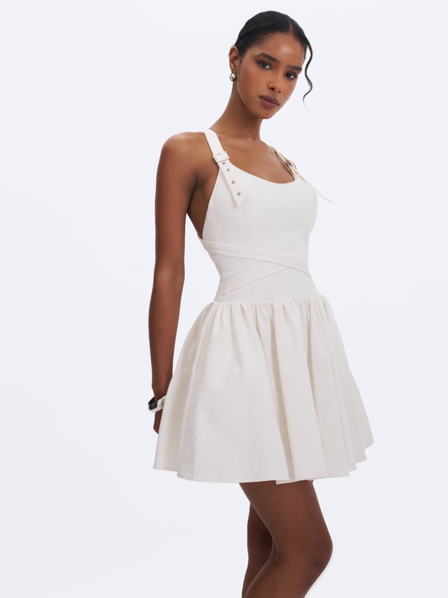 Francine White Cotton Denim Crossover Strap Mini Dress - HOUSE OF SHE
