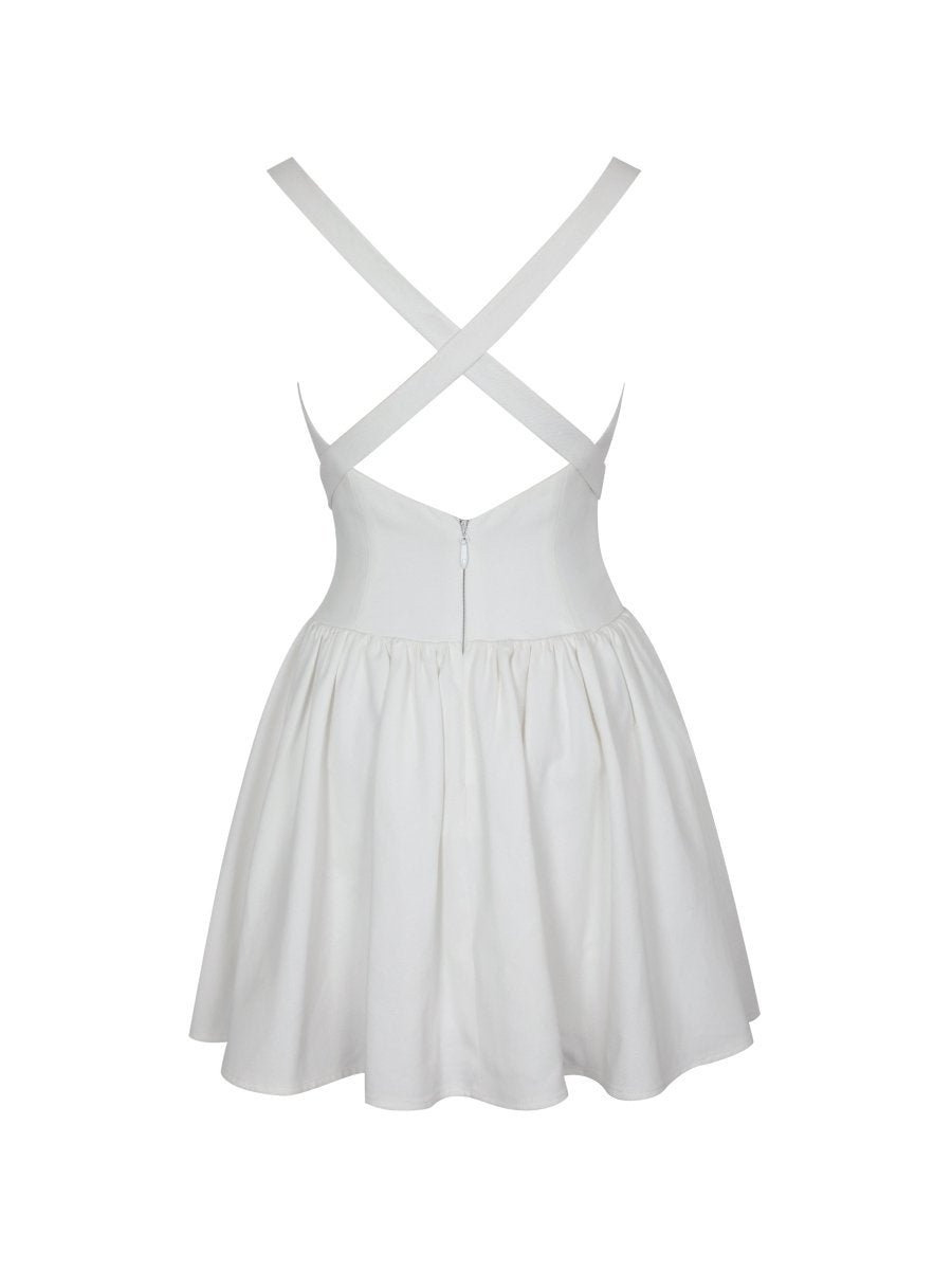 Francine White Cotton Denim Crossover Strap Mini Dress - HOUSE OF SHE
