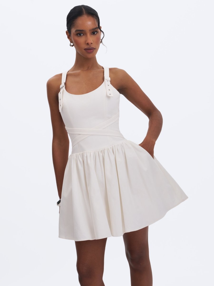 Francine White Cotton Denim Crossover Strap Mini Dress - HOUSE OF SHE