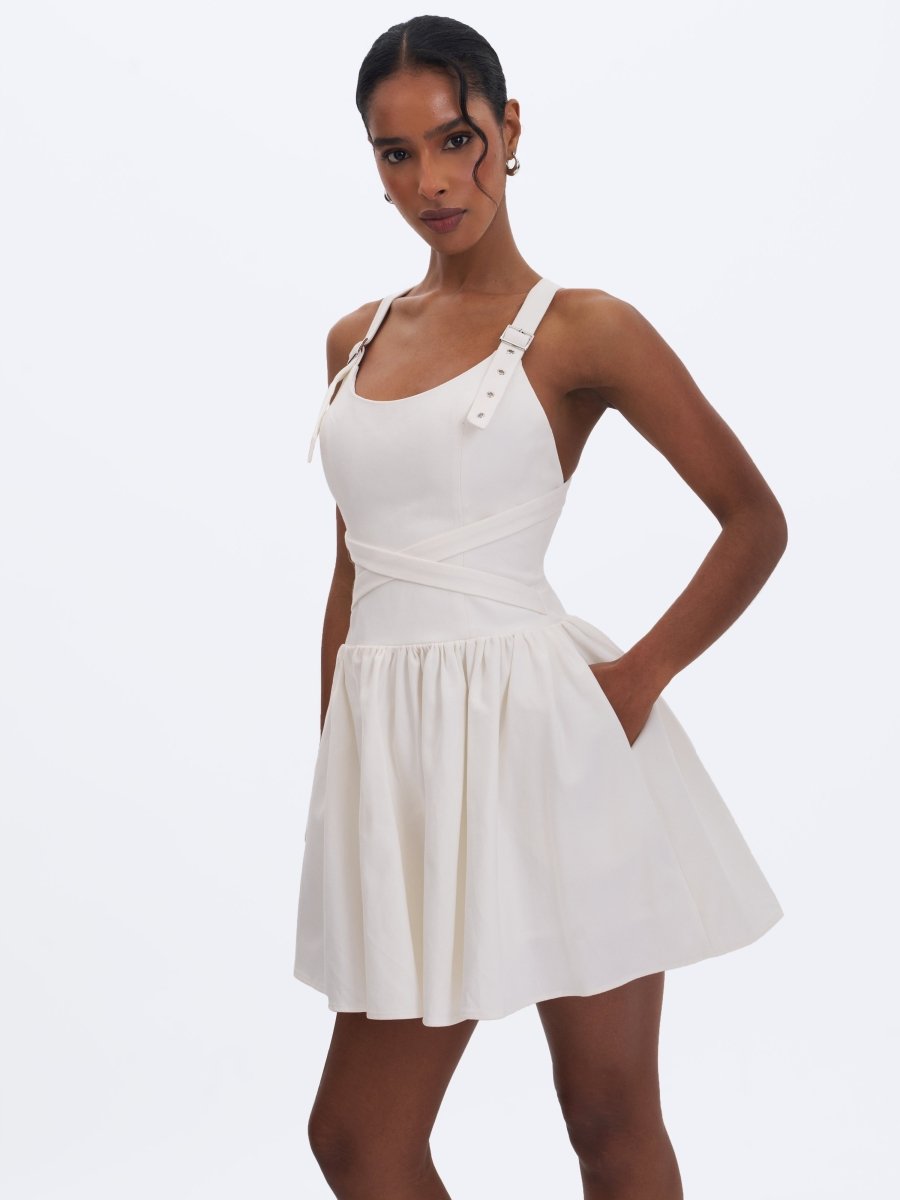 Francine White Cotton Denim Crossover Strap Mini Dress - HOUSE OF SHE