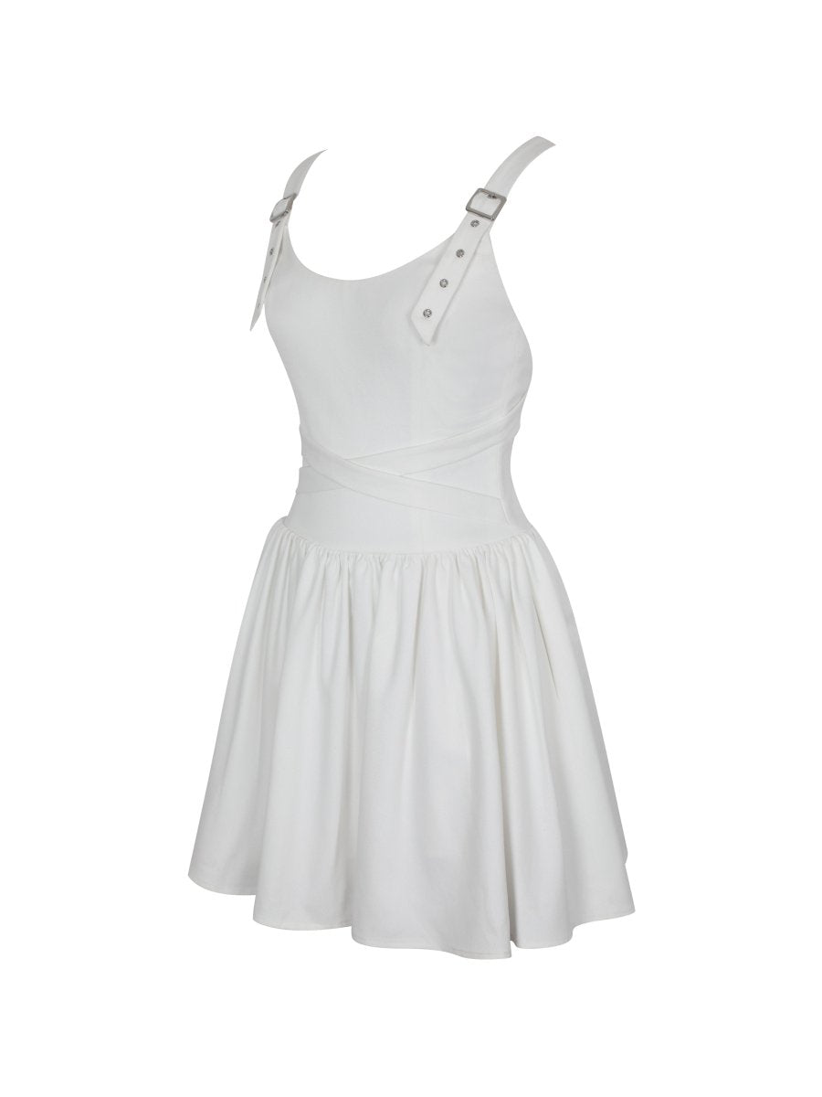 Francine White Cotton Denim Crossover Strap Mini Dress - HOUSE OF SHE