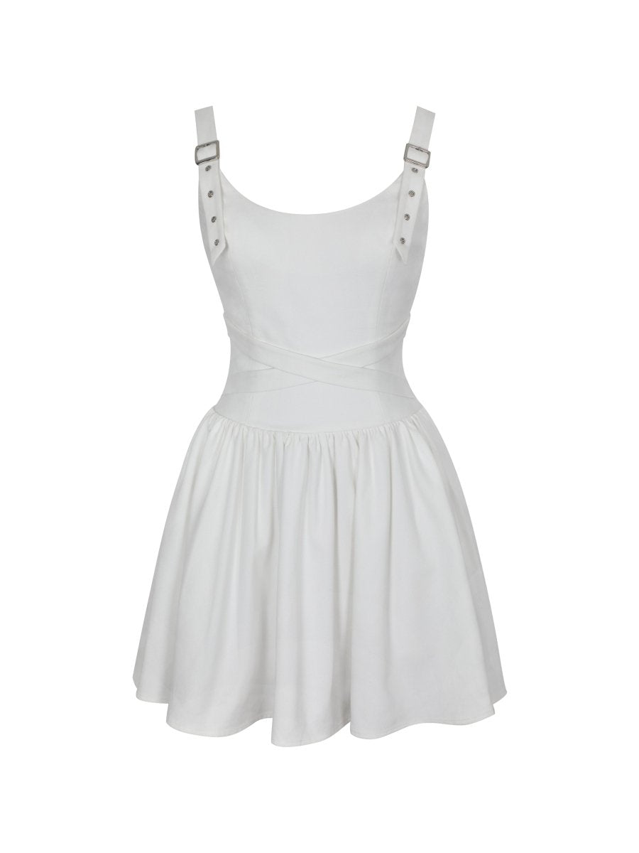 Francine White Cotton Denim Crossover Strap Mini Dress - HOUSE OF SHE
