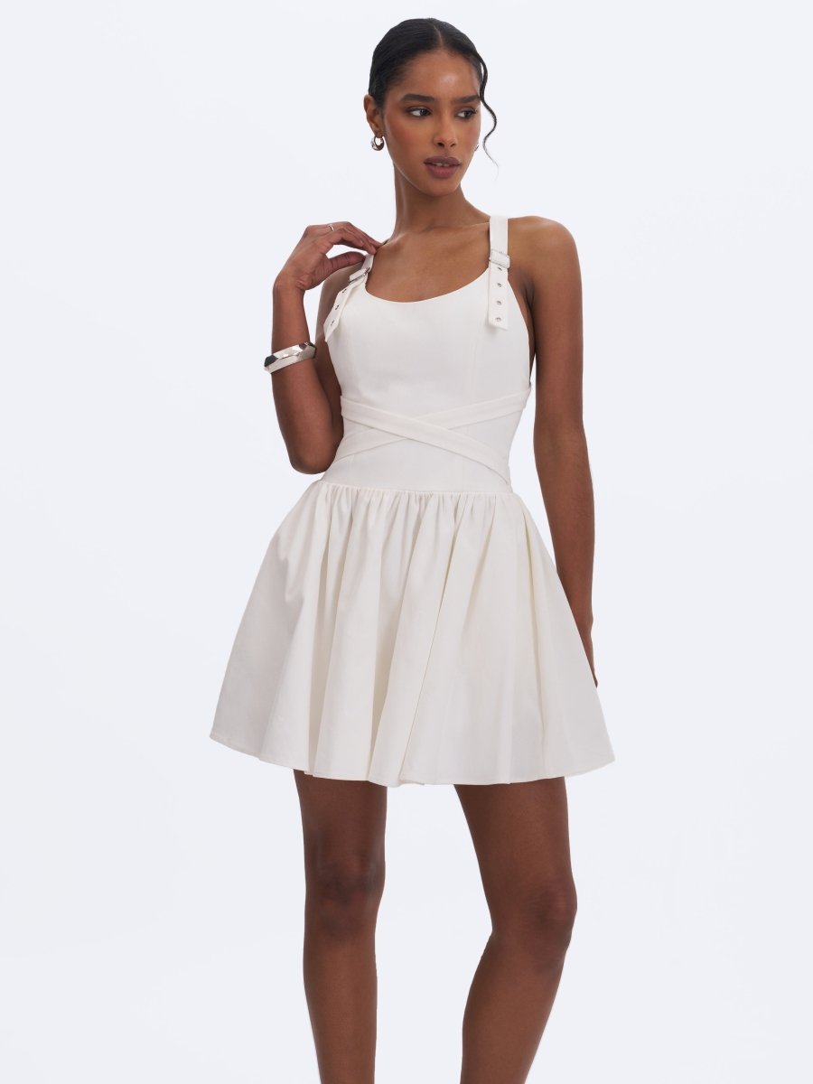 Francine White Cotton Denim Crossover Strap Mini Dress - HOUSE OF SHE