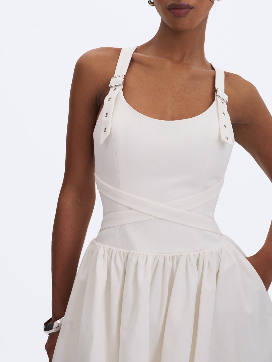 Francine White Cotton Denim Crossover Strap Mini Dress - HOUSE OF SHE