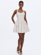Francine White Cotton Denim Crossover Strap Mini Dress - HOUSE OF SHE