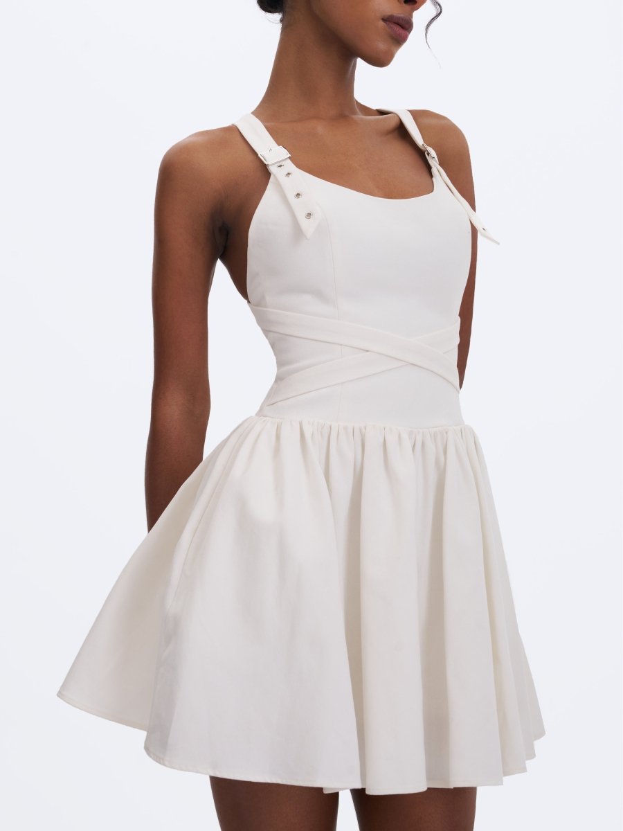Francine White Cotton Denim Crossover Strap Mini Dress - HOUSE OF SHE