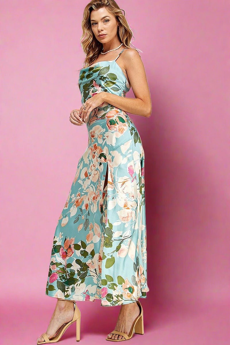 Gia Mint Floral Satin Slip Dress - HOUSE OF SHE