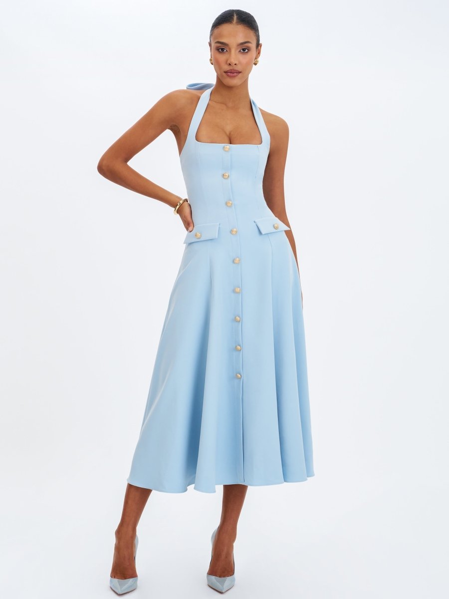 Gillian Mist Blue Halter Midi Dress - HOUSE OF SHE