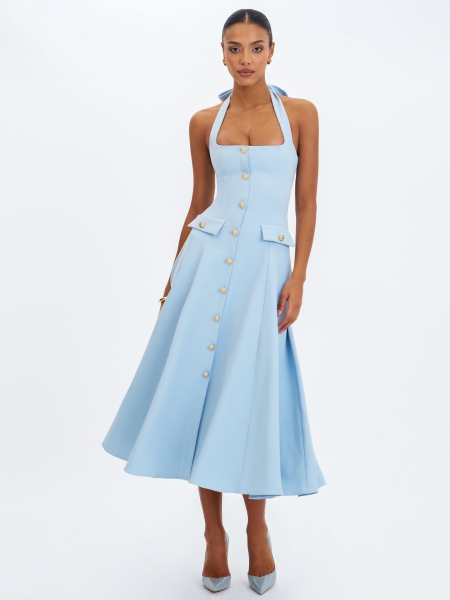 Gillian Mist Blue Halter Midi Dress - HOUSE OF SHE