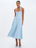 Gillian Mist Blue Halter Midi Dress - HOUSE OF SHE