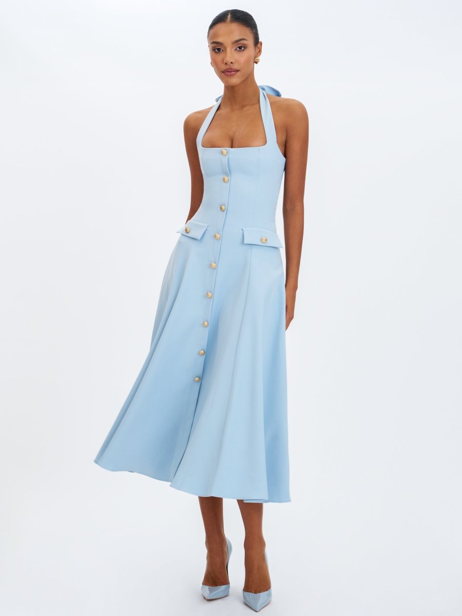 Gillian Mist Blue Halter Midi Dress - HOUSE OF SHE